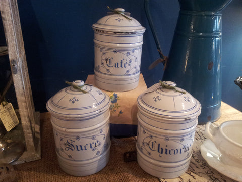 Set of 3 Vintage French Enamelware Canisters